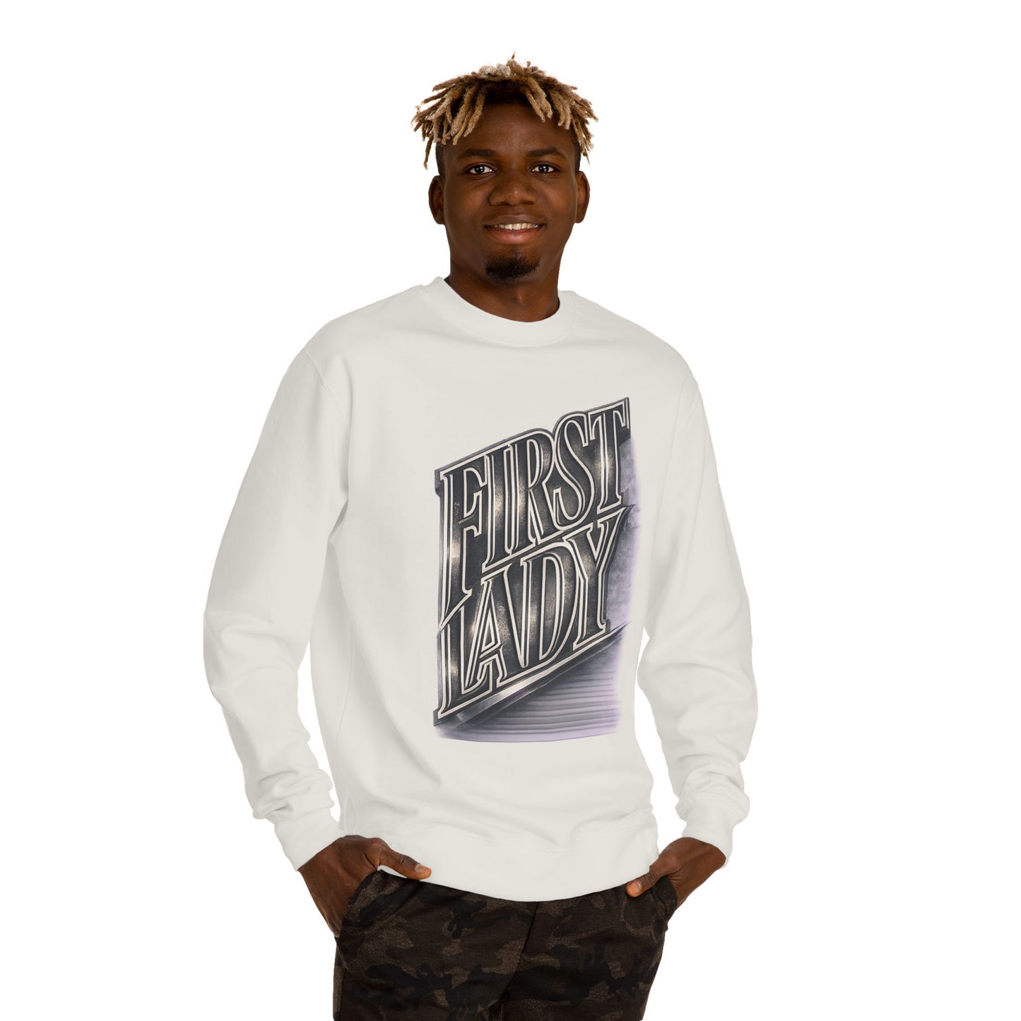 First Lady Graphic Sweatshirt — Retro Metallic Typography Crewneck