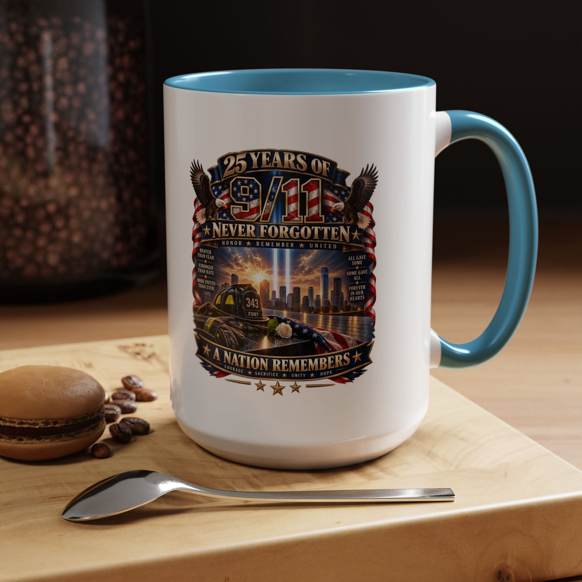 9/11 Memorial Coffee Mug — "25 Years of Never Forgotten" Patriot Tribute