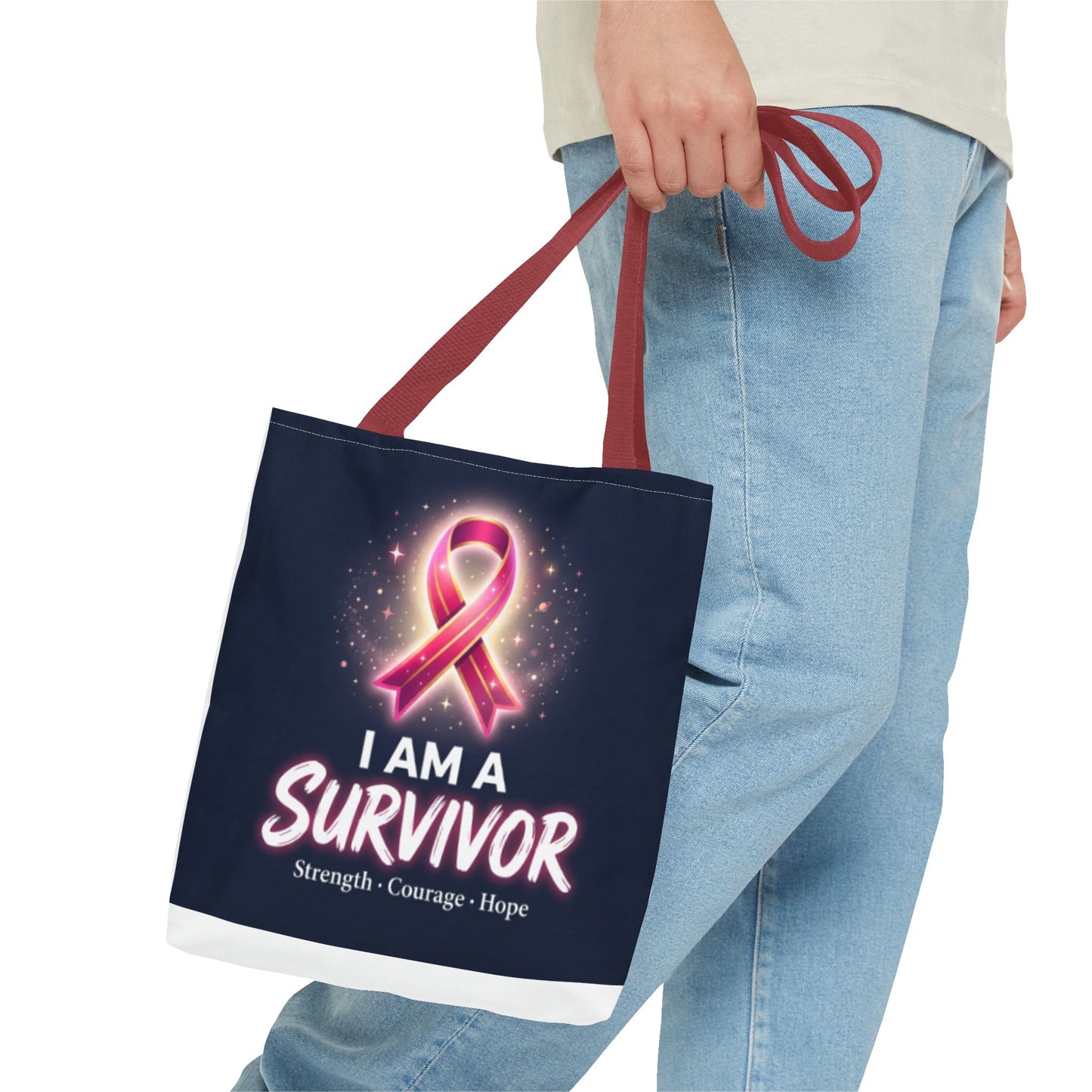 Survivor Ribbon Tote Bag — "I Am A Survivor" Breast Cancer Awareness Tote