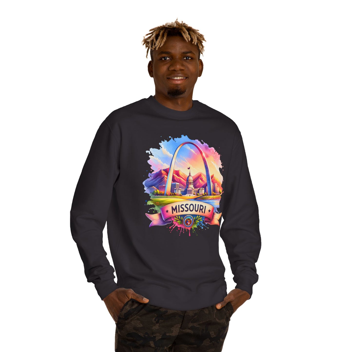 Missouri Arch Watercolor Sweatshirt — Colorful St. Louis Landmark Crewneck