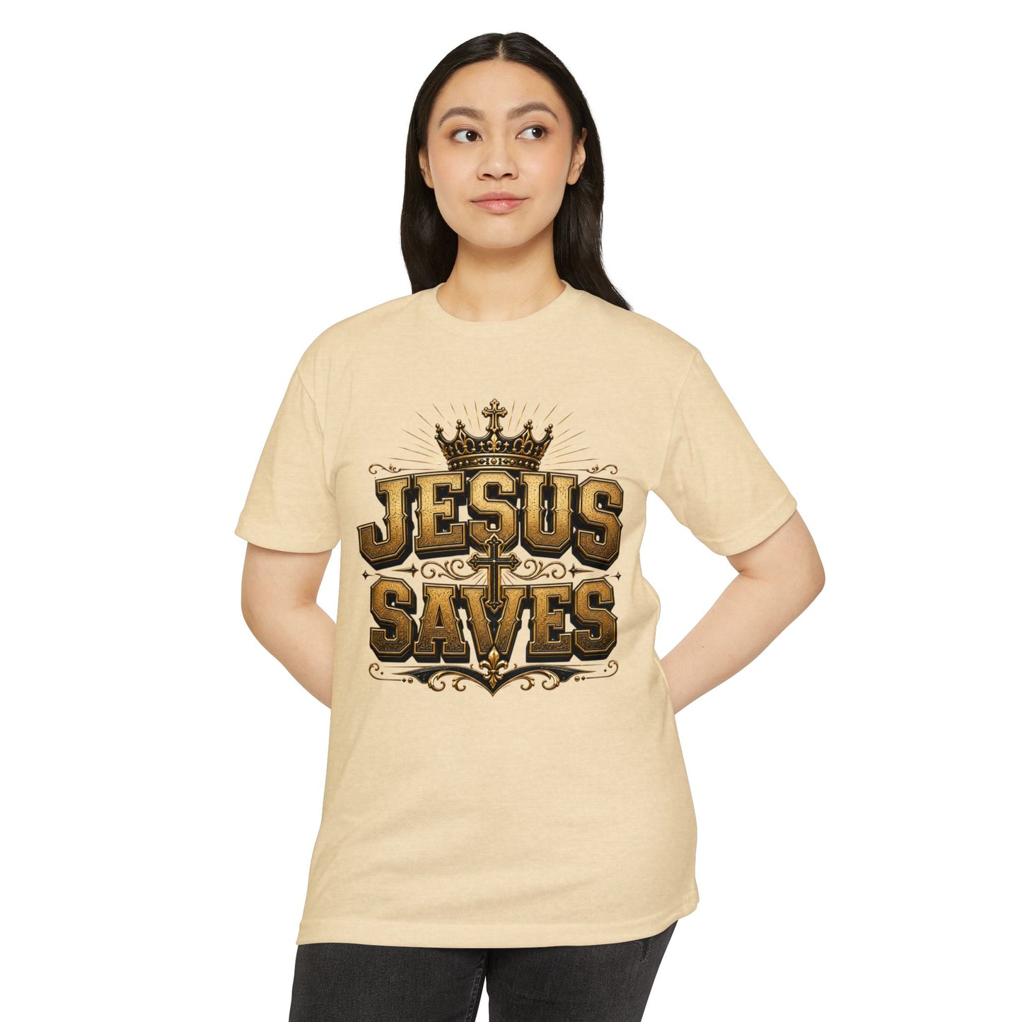 Jesus Saves T-Shirt — Christian Faith Graphic Tee with Crown & Cross