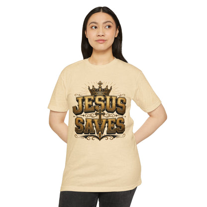 Jesus Saves T-Shirt — Christian Faith Graphic Tee with Crown & Cross