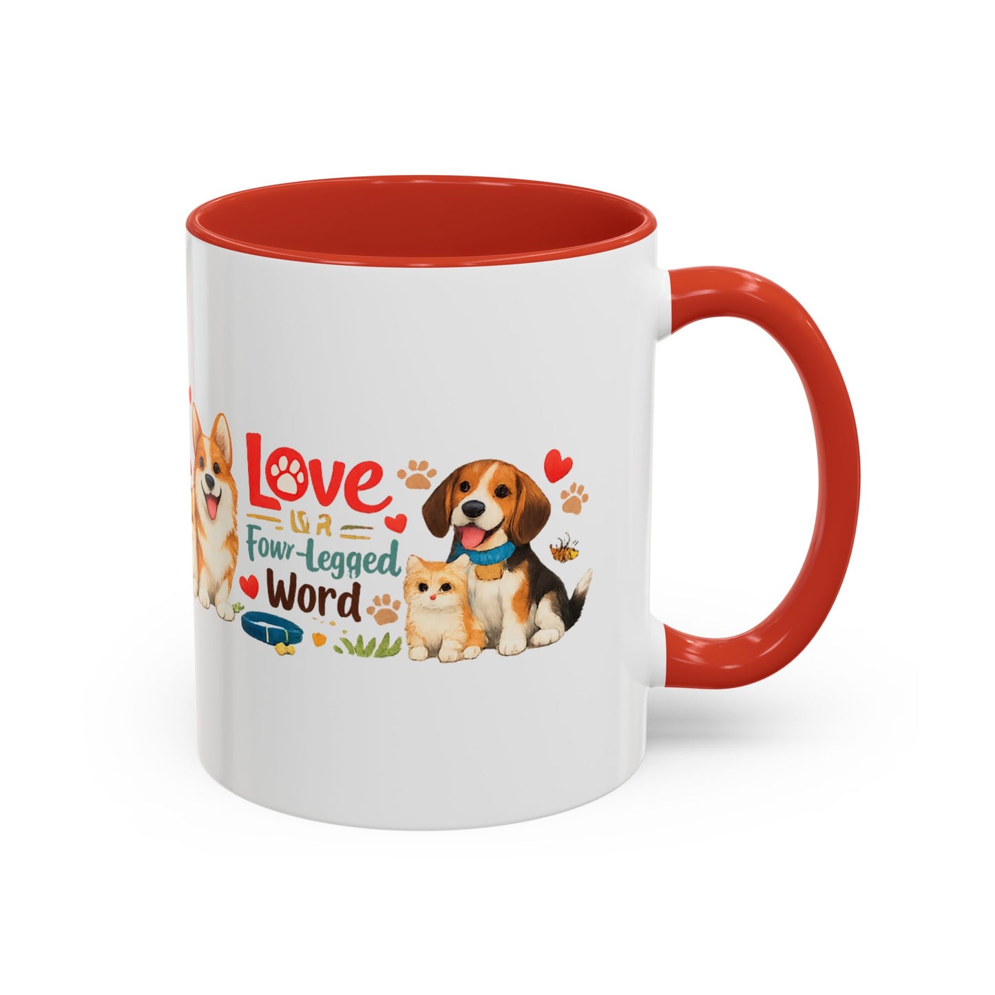 Dog Lover Accent Coffee Mug — “Love is a Four-Legged Word” Ceramic Gift