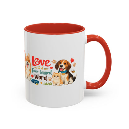 Dog Lover Accent Coffee Mug — “Love is a Four-Legged Word” Ceramic Gift