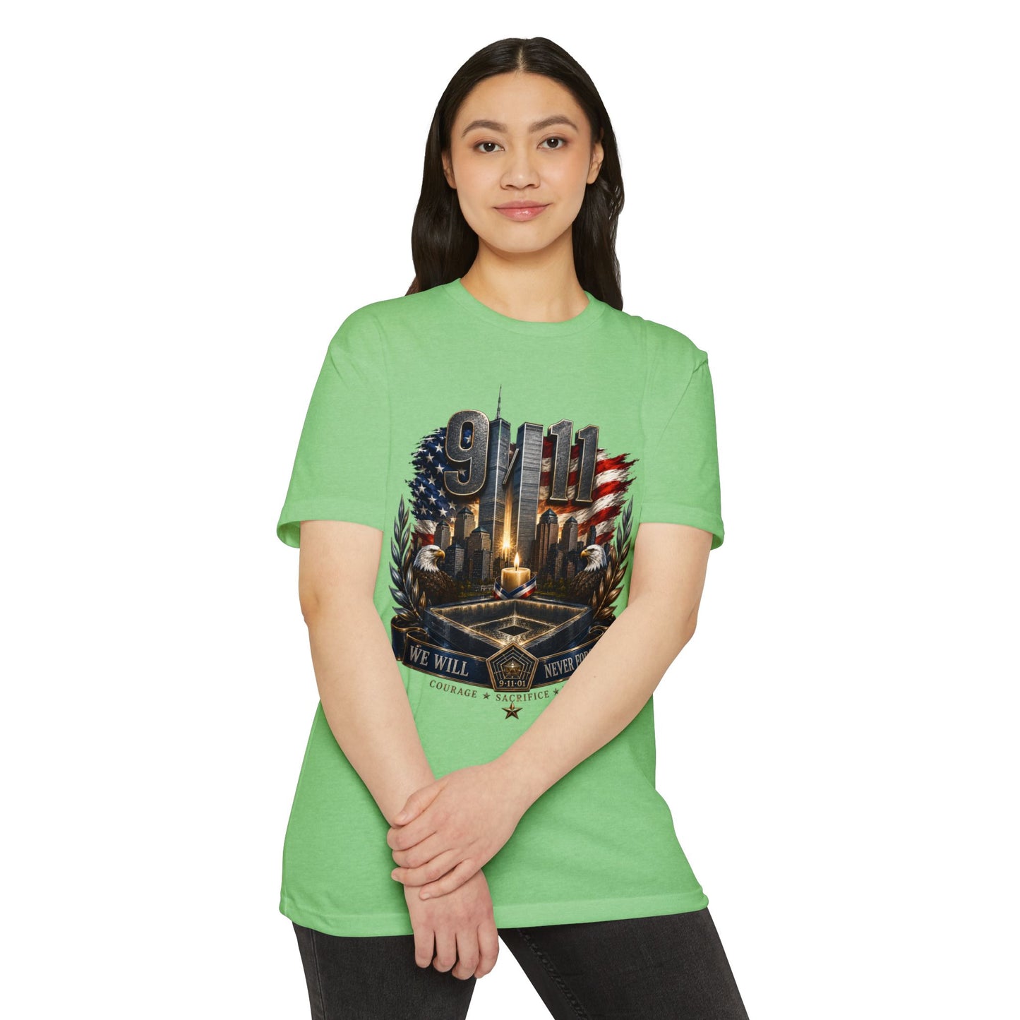 9/11 Never Forget Memorial T-Shirt — Tribute American Flag Skyline Tee
