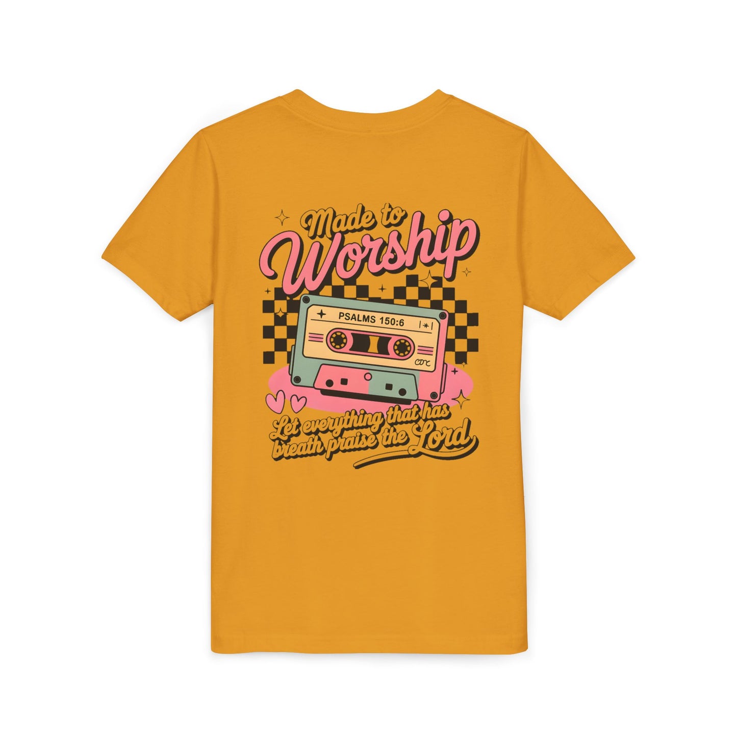 Made to Worship Youth Tee – Retro Cassette Christian Kids Shirt (Psalms 100:4)