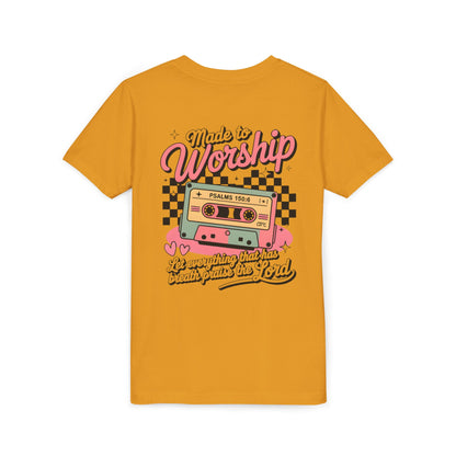 Made to Worship Youth Tee – Retro Cassette Christian Kids Shirt (Psalms 100:4)