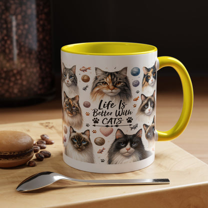 Life Is Better With Cats Accent Coffee Mug — Cat Lover Ceramic Mug (11/15oz)