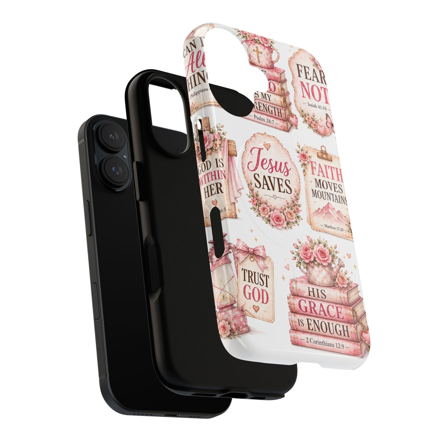 Christian Faith iPhone Tough Magnetic Case — 'Jesus Saves' Floral Scripture Design (Fear Not, Faith Moves Mountains)