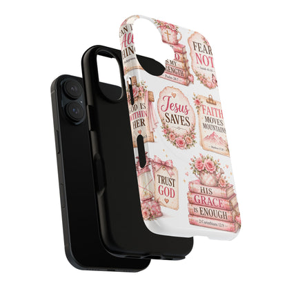 Christian Faith iPhone Tough Magnetic Case — 'Jesus Saves' Floral Scripture Design (Fear Not, Faith Moves Mountains)