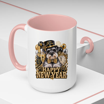 Happy New Year Dog Coffee Mug — Festive Black & Gold 11/15oz Accent Mug