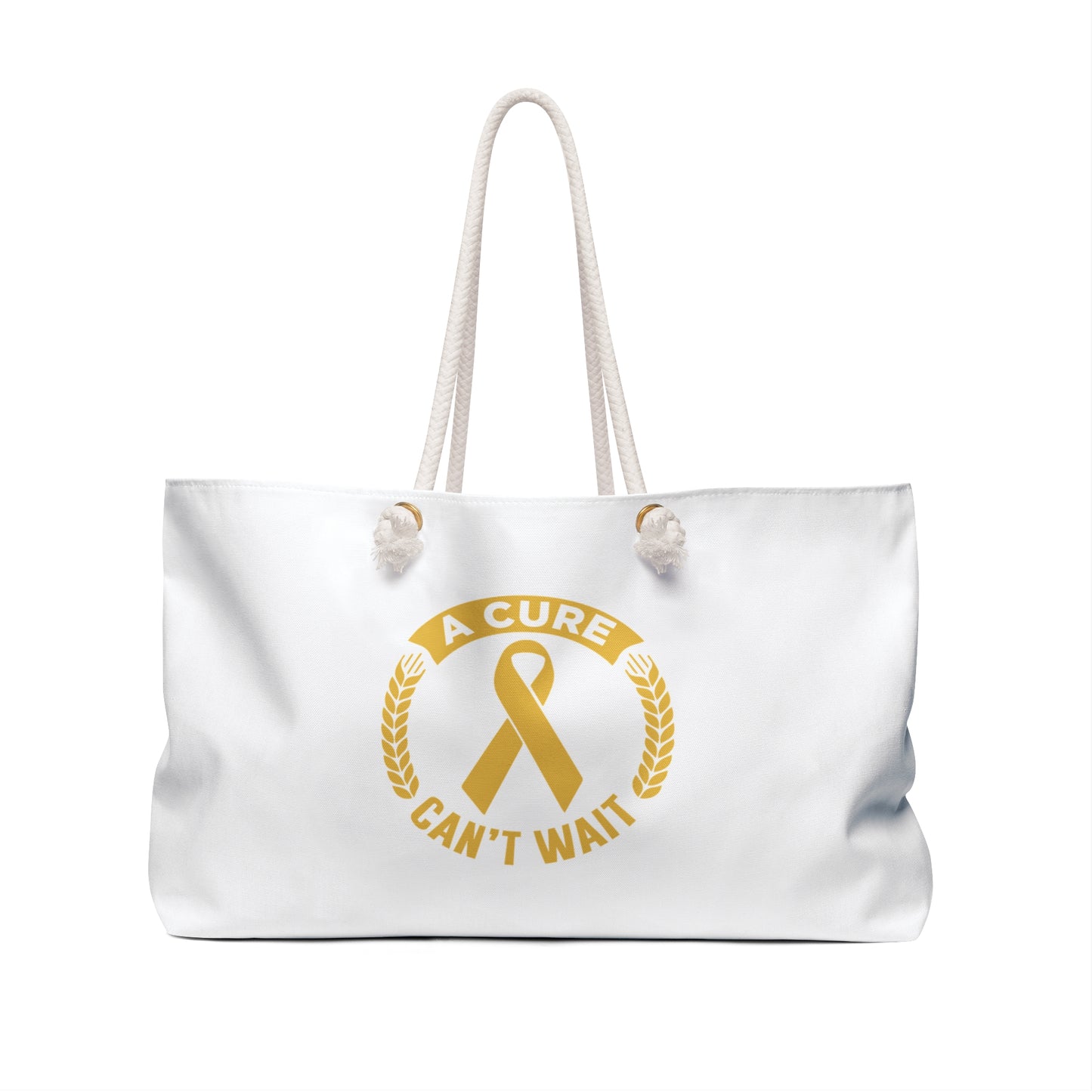 Cancer Awareness Weekender Bag — "A Cure Can't Wait" Gold Ribbon Tote