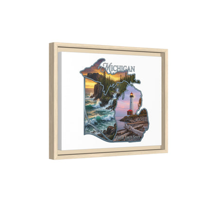 Michigan Framed Canvas Wall Art — Great Lakes State Lighthouse & Shoreline Print