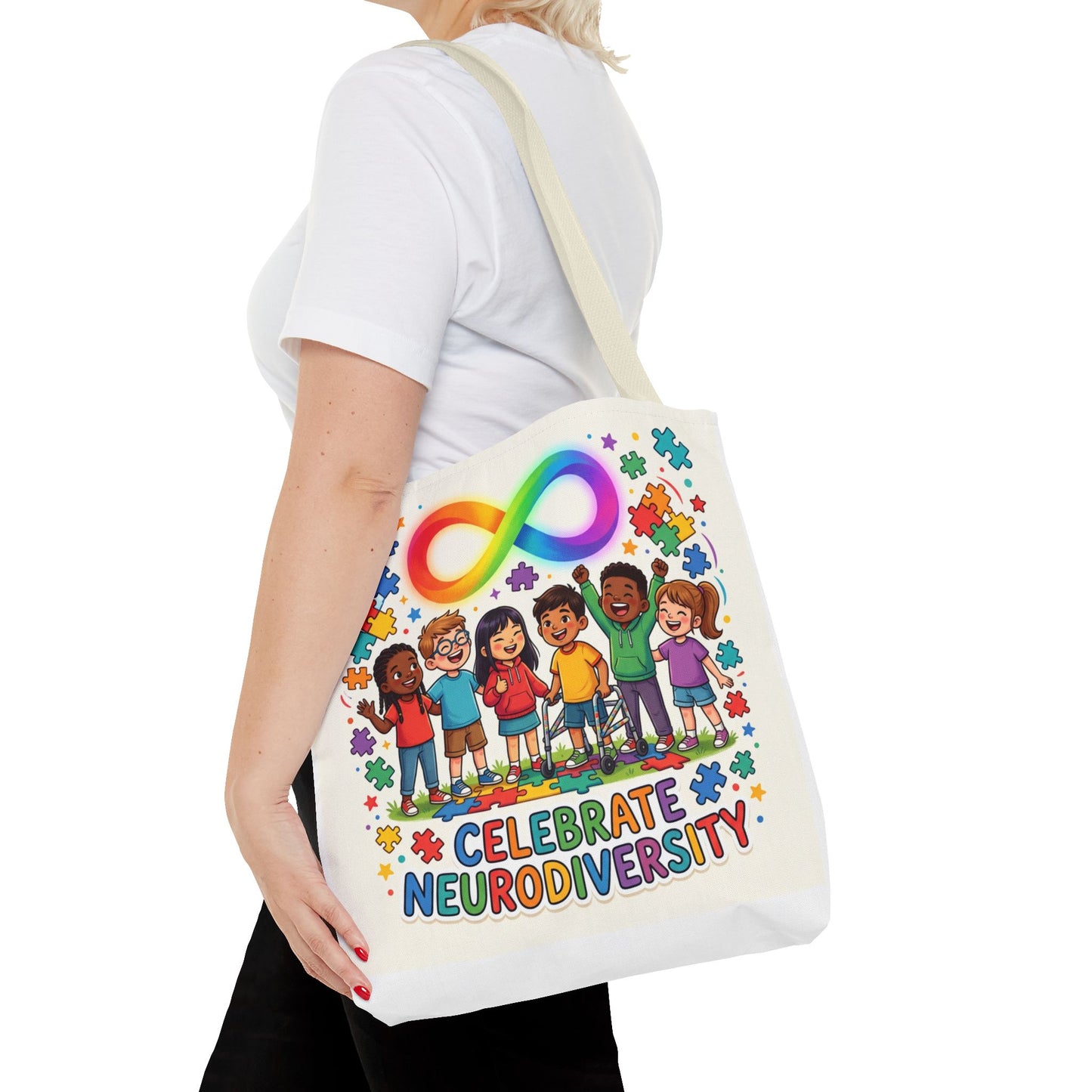 Celebrate Neurodiversity Tote Bag — Rainbow Infinity Symbol & Kids Design