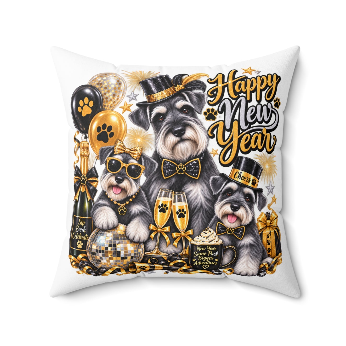 Happy New Year Schnauzer Pillow — Festive Gold Party Decorative Throw Pillow