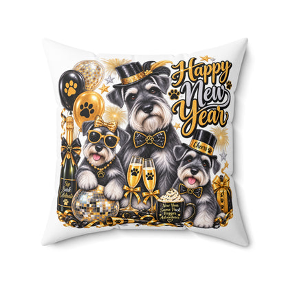 Happy New Year Schnauzer Pillow — Festive Gold Party Decorative Throw Pillow