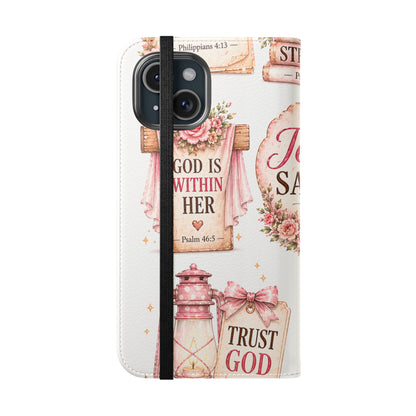 Christian Floral Phone Flip Case — "Jesus Saves" & Inspirational Scripture Wallet Cover