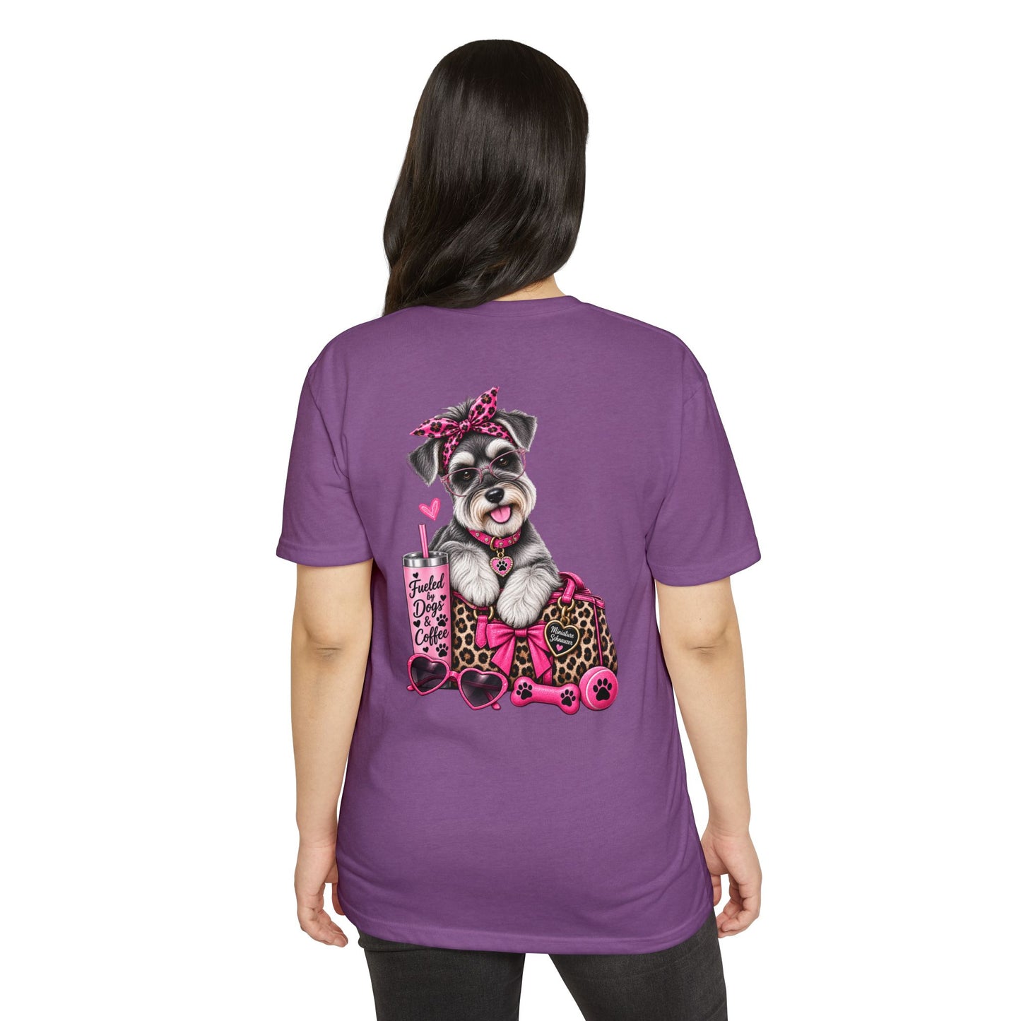 Schnauzer Fashion Tee — Cute Dog with Leopard Bag & 'Faith, Dog, Coffee' Design