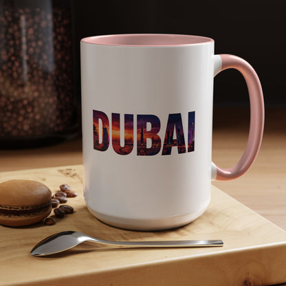 Dubai Skyline Accent Coffee Mug — Sunset City Photo Text (11/15oz)