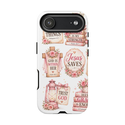 Christian Phone Case — Jesus Saves Floral Tough Case with 'God Is Within Her' & 'Trust God' Design