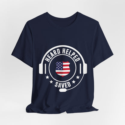 Headset Logo T-Shirt — "Heard Helped Saved" American Flag Design