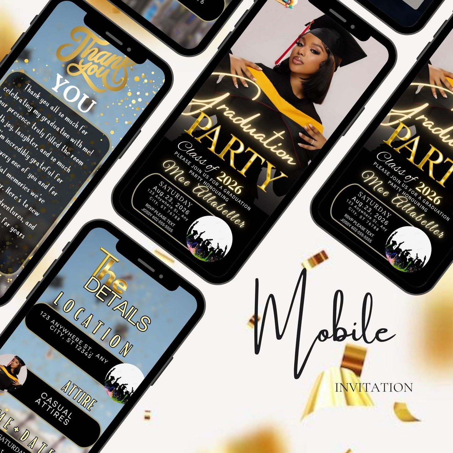Elegant Black Mobile Graduation Invite | Editable Graduation Digital Invitation Template