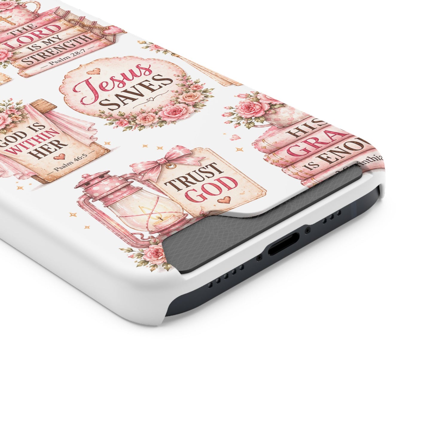 Christian Floral Phone Case with Card Holder — 'Jesus Saves' Inspirational Design