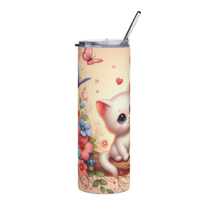 Cute Kitten Hearts 20oz Stainless Steel Tumbler — Floral Cat Travel Cup