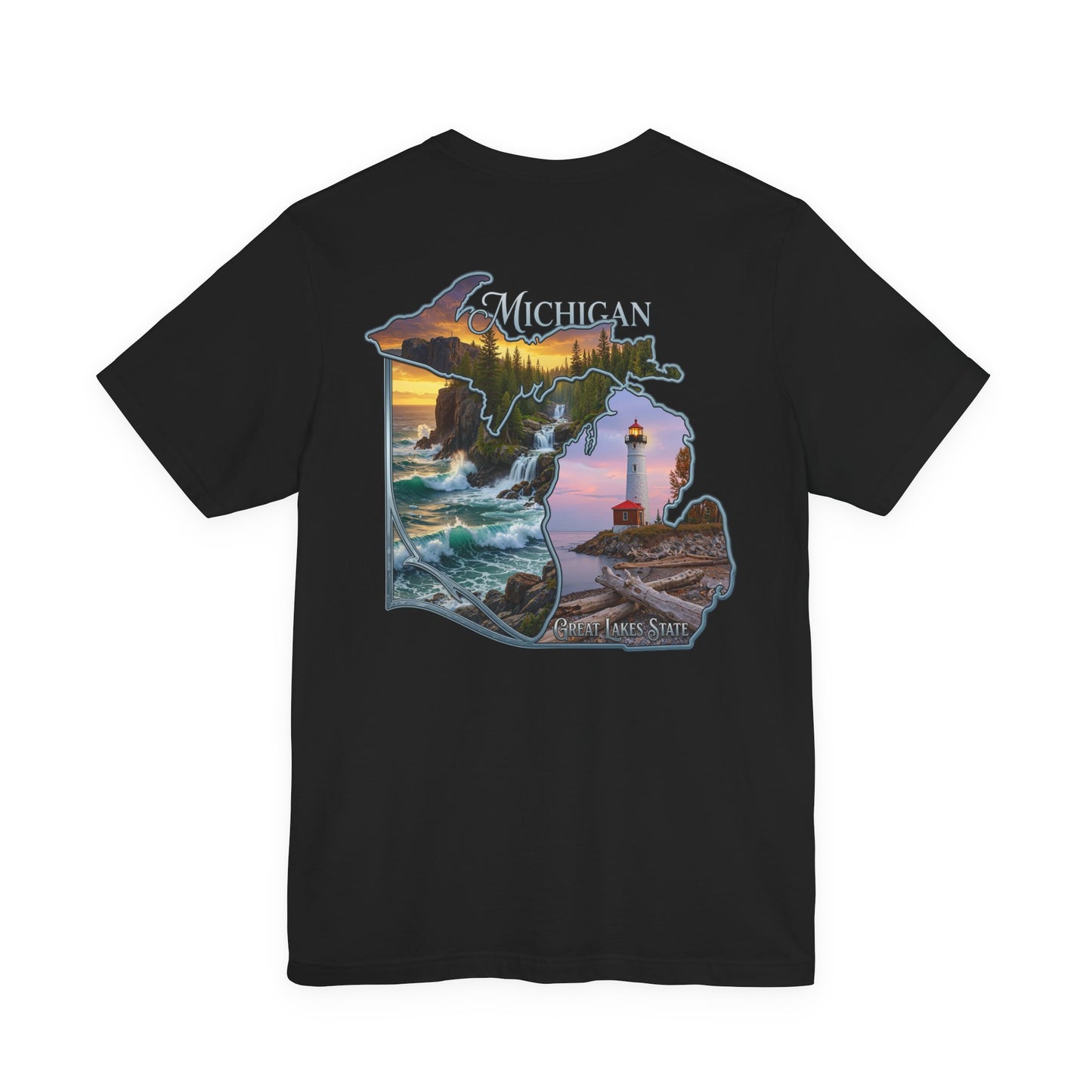 Michigan Scenic Map T-Shirt — Great Lakes Lighthouse Sunset Tee