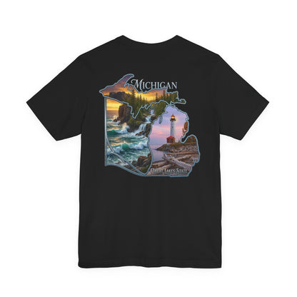 Michigan Scenic Map T-Shirt — Great Lakes Lighthouse Sunset Tee