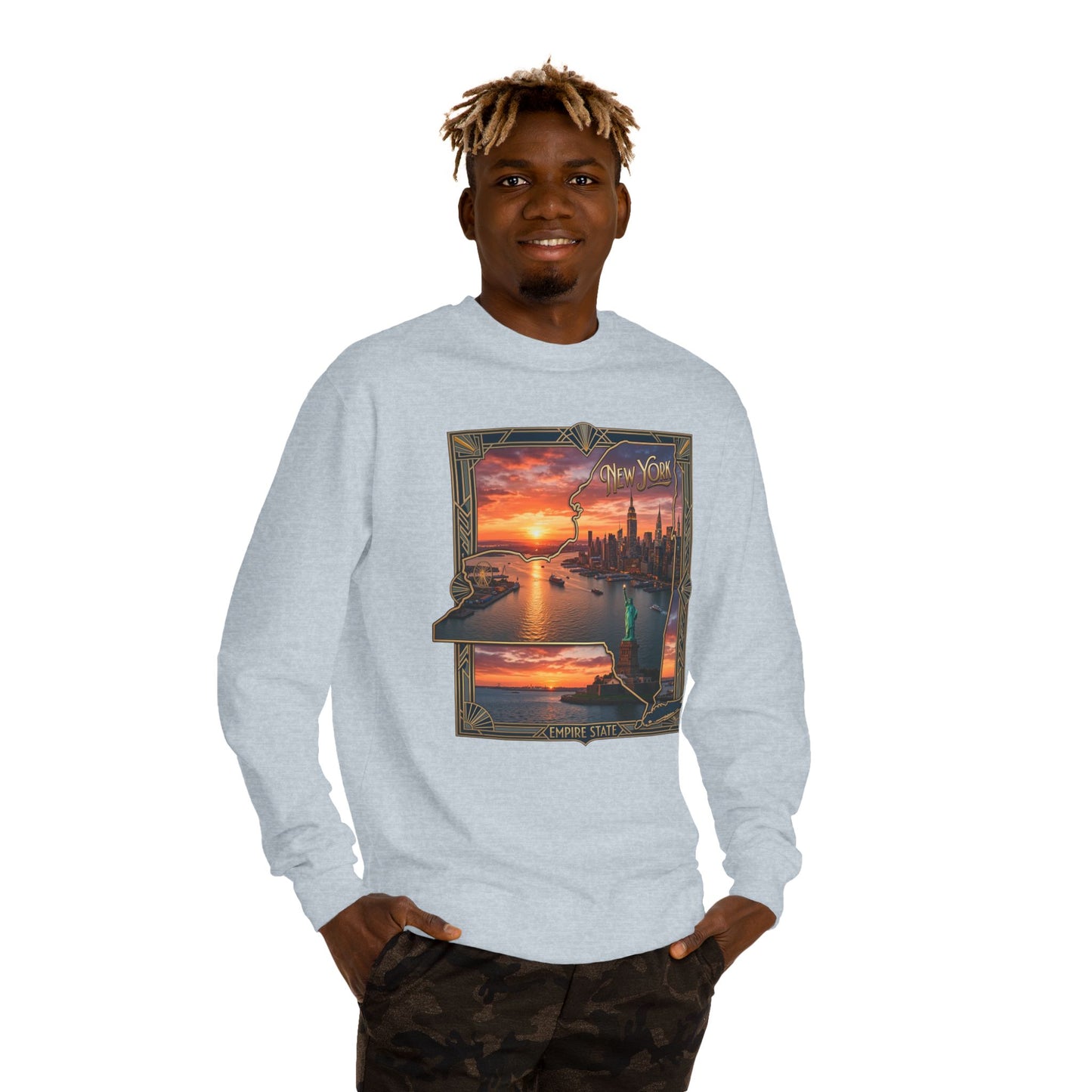 New York Sunset Crewneck Sweatshirt — Statue of Liberty Skyline Graphic