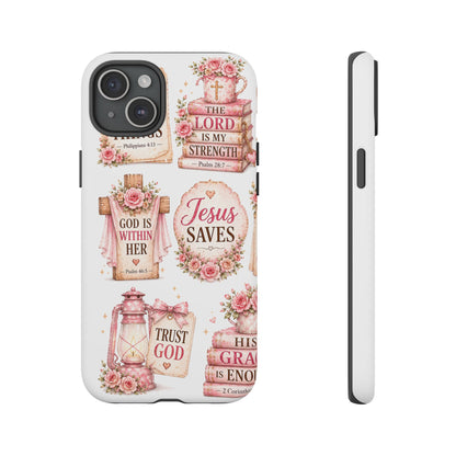 Christian Phone Case — Jesus Saves Floral Tough Case with 'God Is Within Her' & 'Trust God' Design