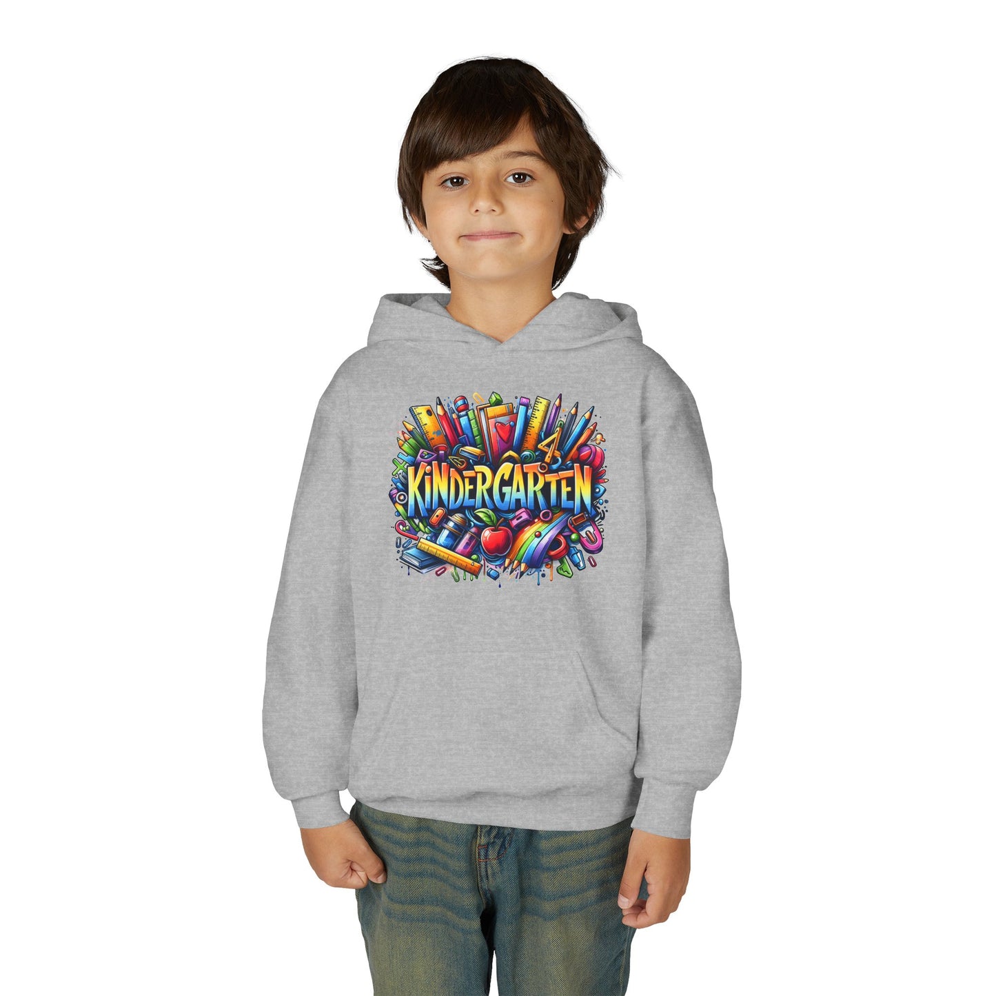 Kindergarten Kids Hoodie — Colorful School Supplies Back-to-School Sweatshirt