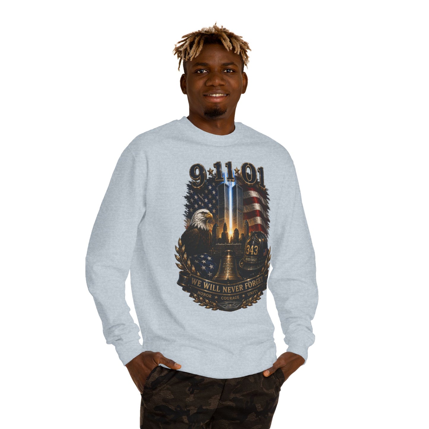 9/11 Remembrance Crewneck Sweatshirt — We Will Never Forget Memorial Tee