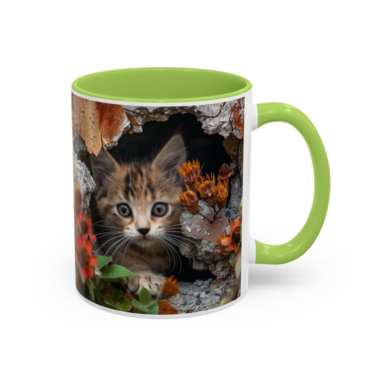 Cute Kitten Peek Accent Coffee Mug — Tabby Cat Floral 11/15oz
