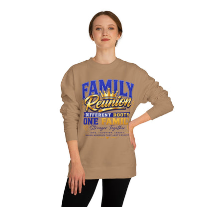 Family Reunion Crewneck Sweatshirt — "Different Roots, One Family" Graphic