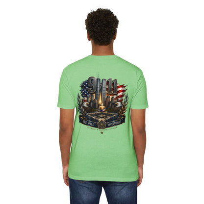 9/11 Never Forget Memorial T-Shirt — Tribute American Flag Skyline Tee