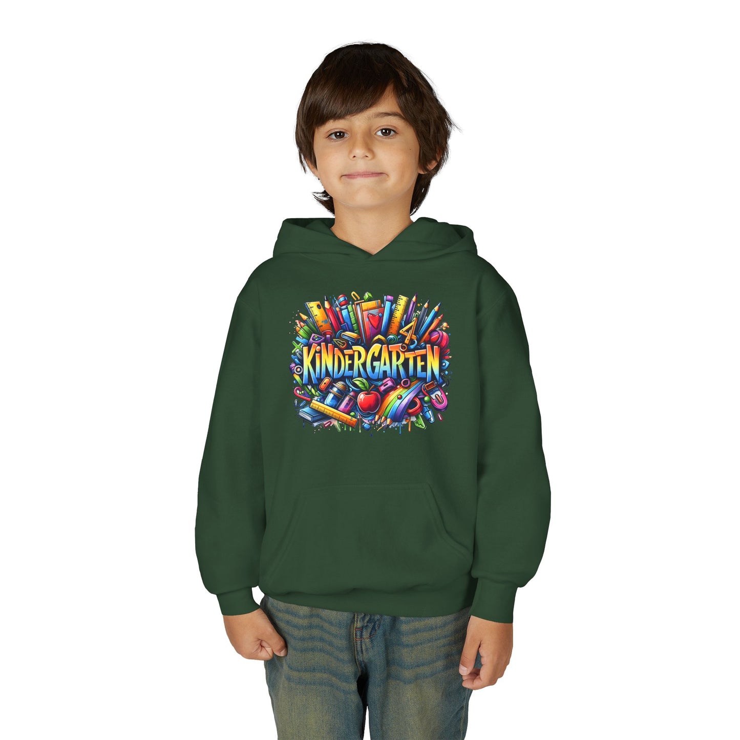 Kindergarten Kids Hoodie — Colorful School Supplies Back-to-School Sweatshirt