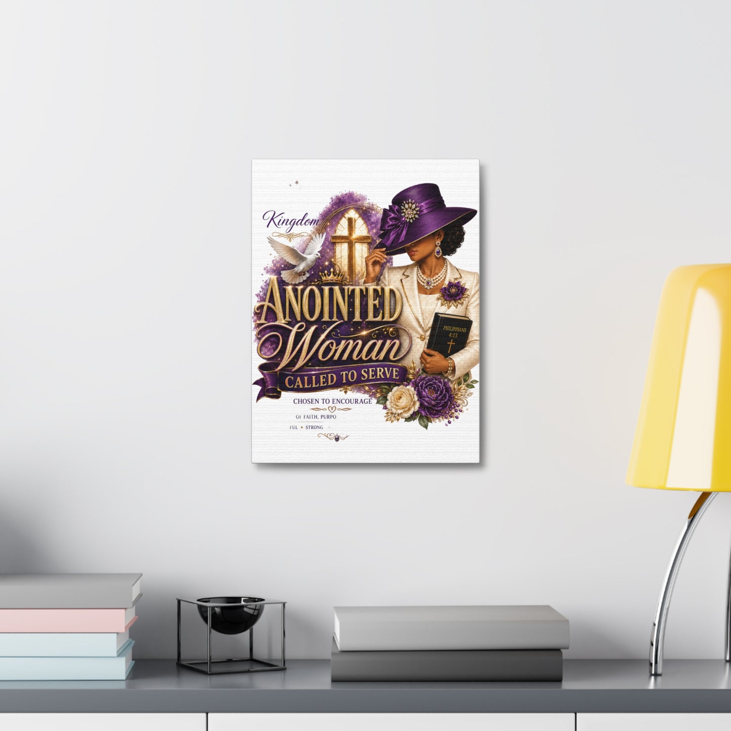 Anointed Woman Stretched Canvas — "Called to Serve" Faith Wall Art (Purple Hat & Bible)