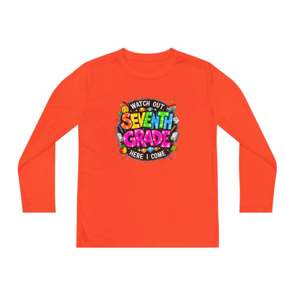Seventh Grade Youth Long Sleeve Tee — "Watch Out Seventh Grade Here I Come" Back-to-School Shirt