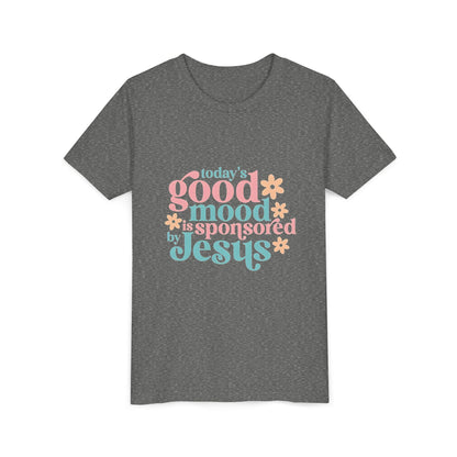 Youth Tee – "Today's Good Mood is Sponsored by Jesus" Retro Floral Christian Shirt