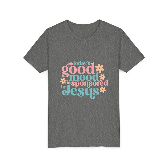Youth Tee – "Today's Good Mood is Sponsored by Jesus" Retro Floral Christian Shirt