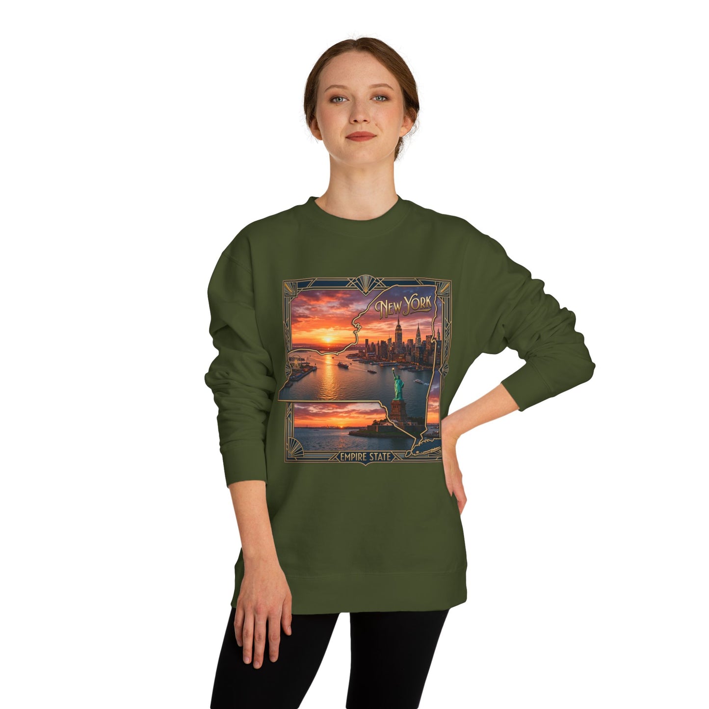 New York Sunset Crewneck Sweatshirt — Statue of Liberty Skyline Graphic