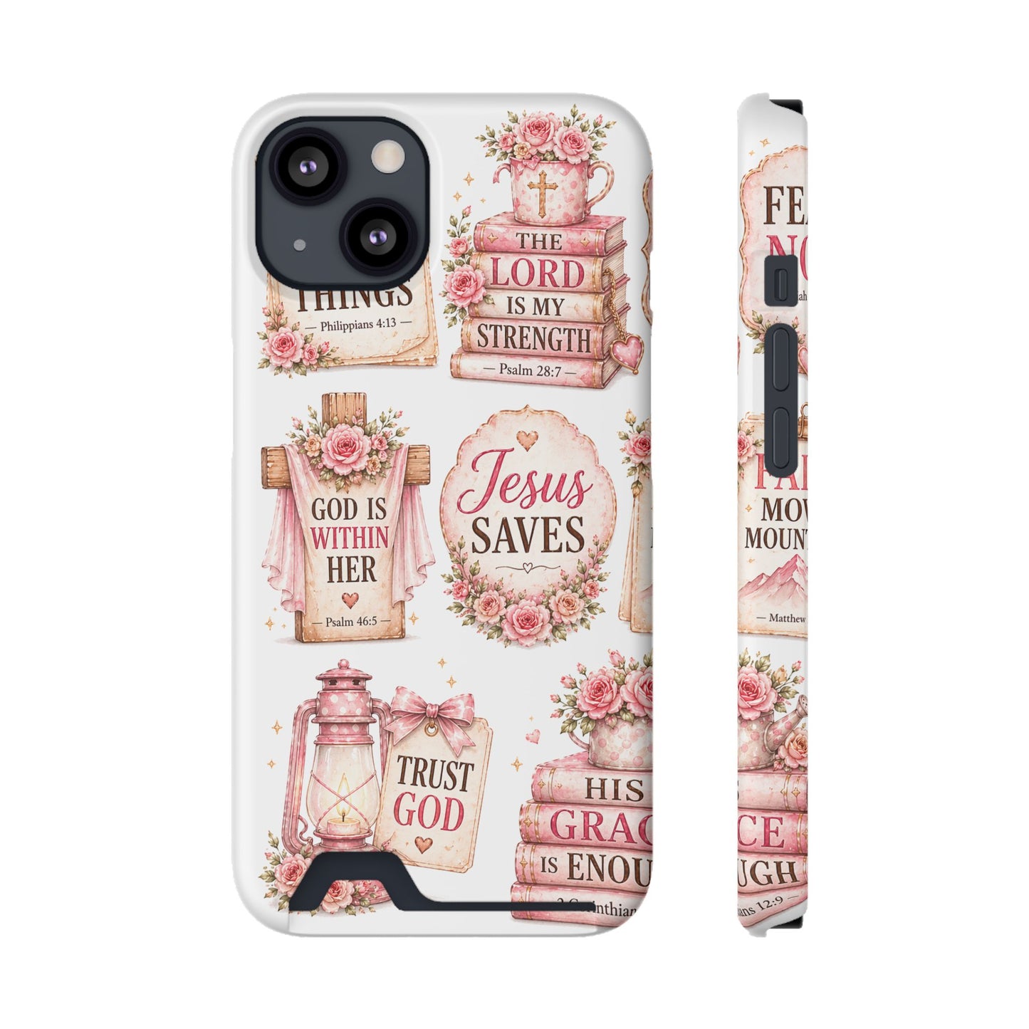 Christian Floral Phone Case with Card Holder — 'Jesus Saves' Inspirational Design