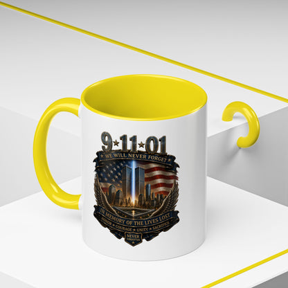 9/11 Memorial Coffee Mug — 'We Will Never Forget' Tribute Accent Mug