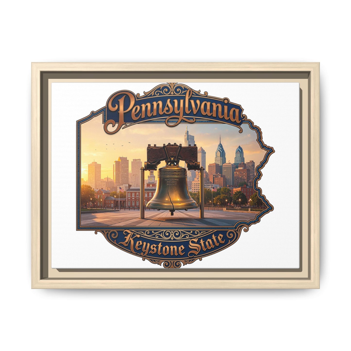 Pennsylvania Keystone State Framed Canvas Wall Art — Liberty Bell & Philadelphia Skyline