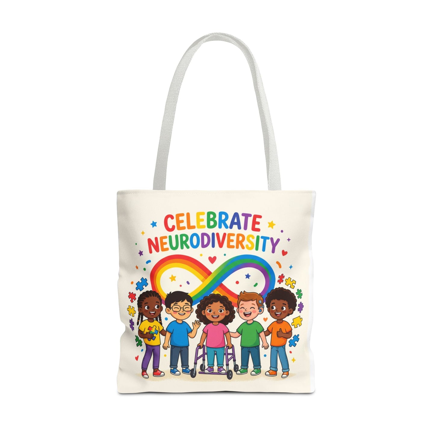 Celebrate Neurodiversity Tote Bag — Rainbow Infinity Symbol with Diverse Kids
