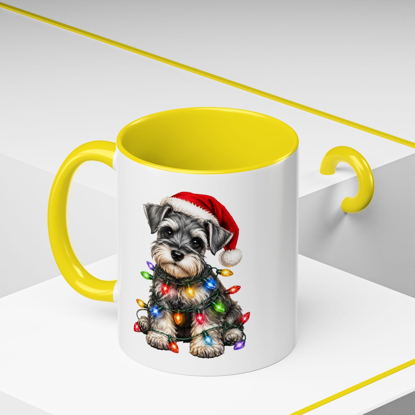 Christmas Puppy Coffee Mug — Schnauzer in Santa Hat with Holiday Lights (11/15oz)