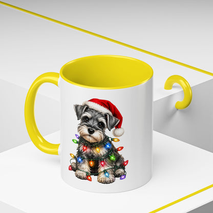 Christmas Puppy Coffee Mug — Schnauzer in Santa Hat with Holiday Lights (11/15oz)
