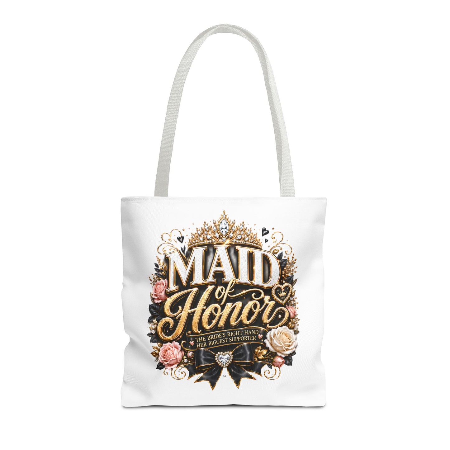 Maid of Honor Tote Bag — Elegant Bridal Party Gift with Gold Crown Floral Design